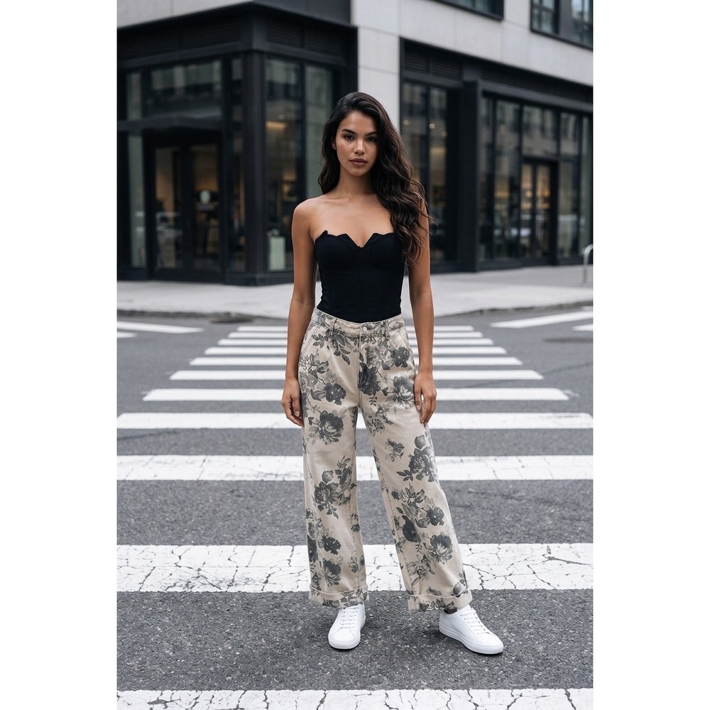 The Leon Pilcro Anthropologie Floral Wide Leg Pants Floral Cream Grey 27